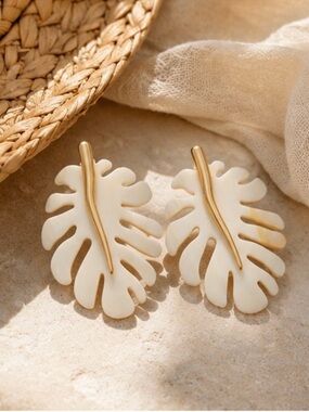 Cream and Gold Leaf Drop Earrings